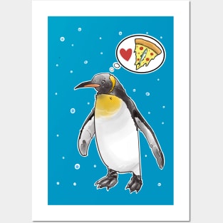 Hungry penguin dreaming about pizza with anchovies Posters and Art